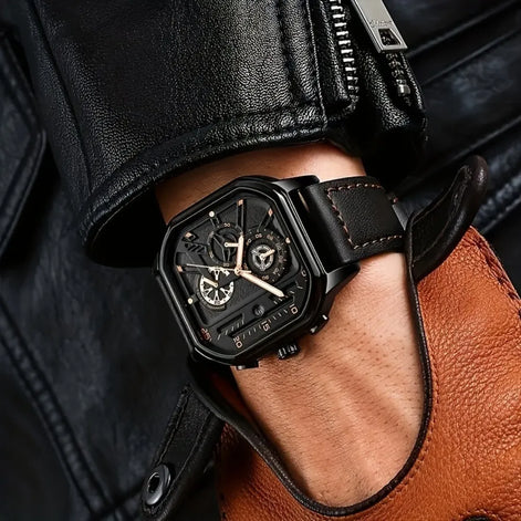 Quarz-Armbanduhr mit quadratischem Gehäuse und Lederarmband