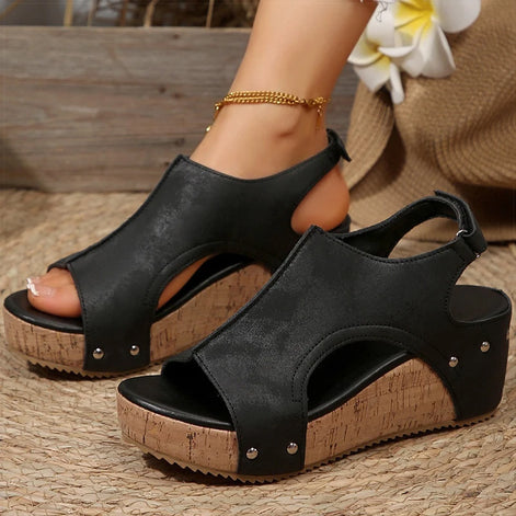 Velistra Damen Keilsandalen mit Plateau und Peep Toe