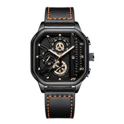 Quarz-Armbanduhr mit quadratischem Gehäuse und Lederarmband