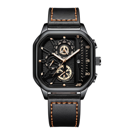 Quarz-Armbanduhr mit quadratischem Gehäuse und Lederarmband