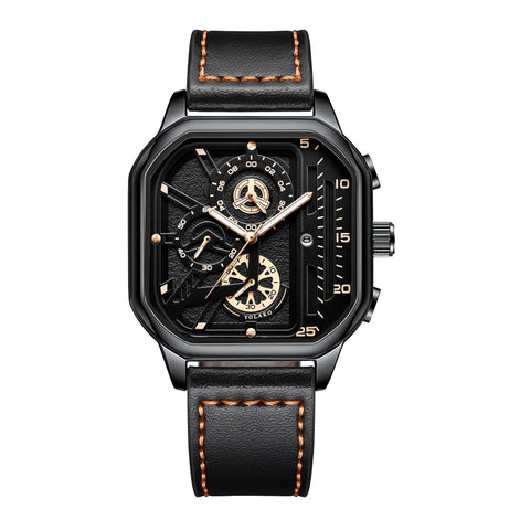Quarz-Armbanduhr mit quadratischem Gehäuse und Lederarmband