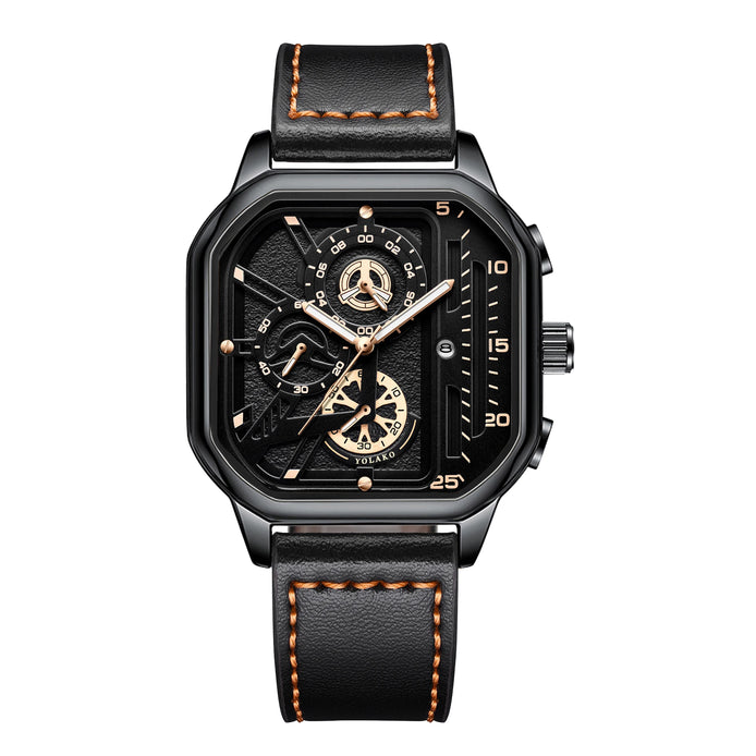 Quarz-Armbanduhr mit quadratischem Gehäuse und Lederarmband