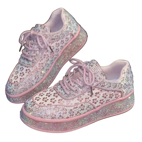 Damen Sneakers mit Blumen, Strasssteinen und Pailletten, 4 cm Sohle – Floravelle