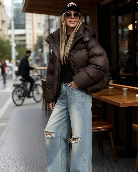 Damen Steppjacke mit Kapuze, Oversized-Passform und Reißverschluss – Quilvara