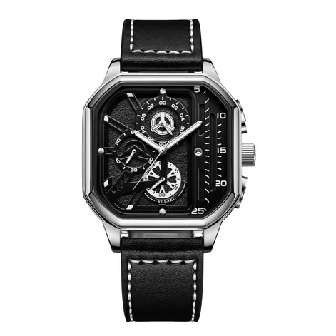 Quarz-Armbanduhr mit quadratischem Gehäuse und Lederarmband