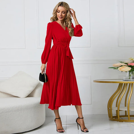 Selmoria Midi Kleid mit V-Ausschnitt und Bindegürtel