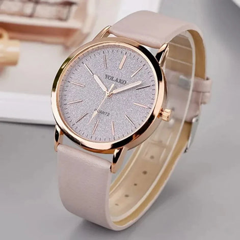 Analoge Damen Quarzuhr mit rundem Gehäuse und Lederarmband