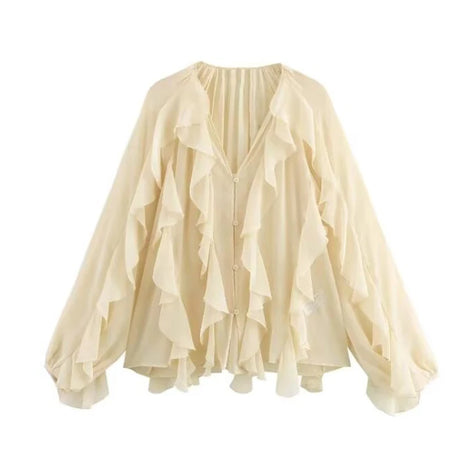 Lorevia Damen Chiffonbluse mit Volants und V-Ausschnitt