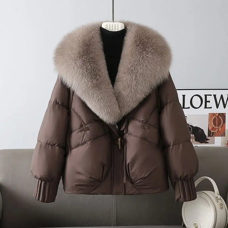 Damen Winterjacke mit Knopfleiste, Stehkragen und lockerer Passform – Elvoria