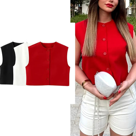 Lunessa Damen Weste mit Knopfleiste und Rundhalsausschnitt