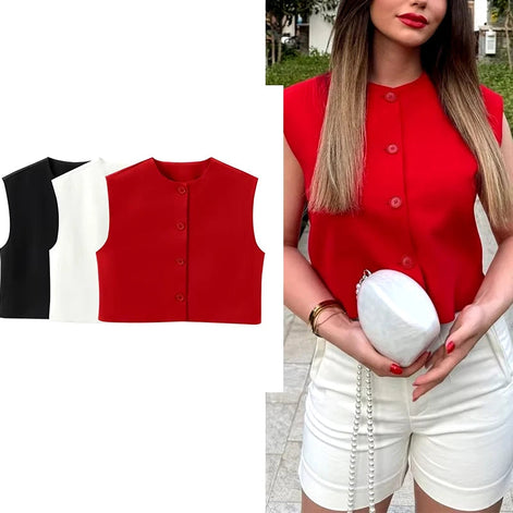 Lunessa Damen Weste mit Knopfleiste und Rundhalsausschnitt