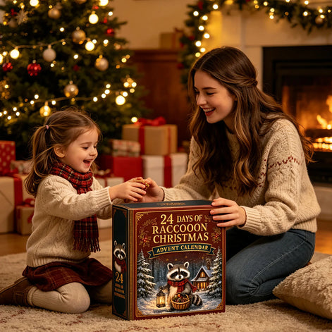 Waschbär Adventskalender aus Acryl mit weihnachtlichen 2D-Motiven – Raconiva
