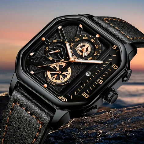 Quarz-Armbanduhr mit quadratischem Gehäuse und Lederarmband