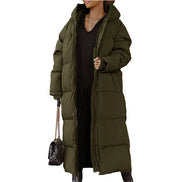 Lange Damen Steppjacke mit Kapuze und Reißverschluss – Velmira
