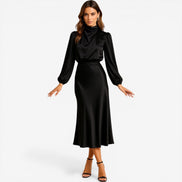 Seravelle Kleid – Damen Kleid mit Stehkragen, langen Ärmeln und Wickeloptik aus Satin
