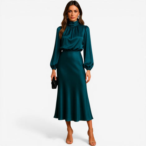 Seravelle Kleid – Damen Kleid mit Stehkragen, langen Ärmeln und Wickeloptik aus Satin
