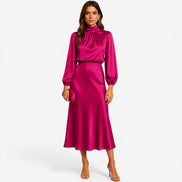 Seravelle Kleid – Damen Kleid mit Stehkragen, langen Ärmeln und Wickeloptik aus Satin