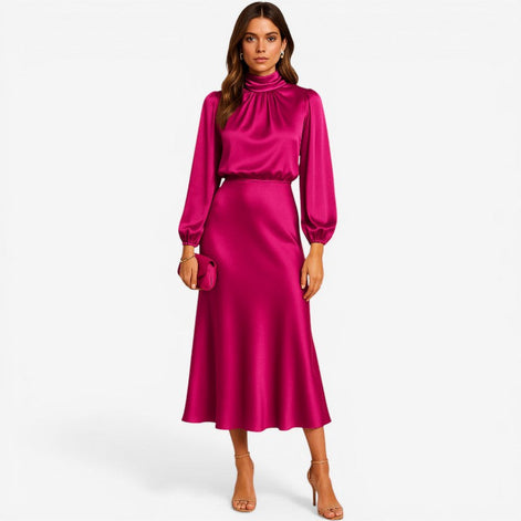 Seravelle Kleid – Damen Kleid mit Stehkragen, langen Ärmeln und Wickeloptik aus Satin