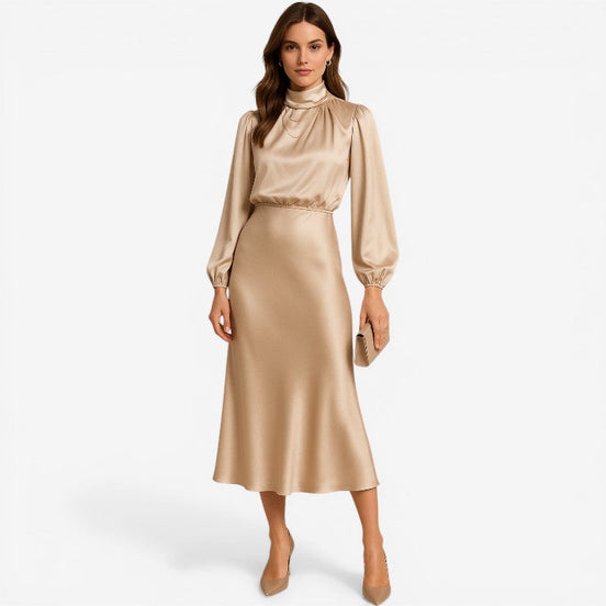 Seravelle Kleid – Damen Kleid mit Stehkragen, langen Ärmeln und Wickeloptik aus Satin