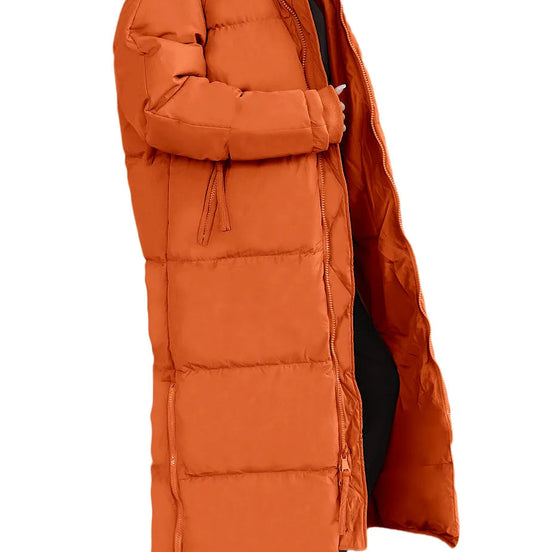 Lange Damen Steppjacke mit Kapuze und Reißverschluss – Velmira