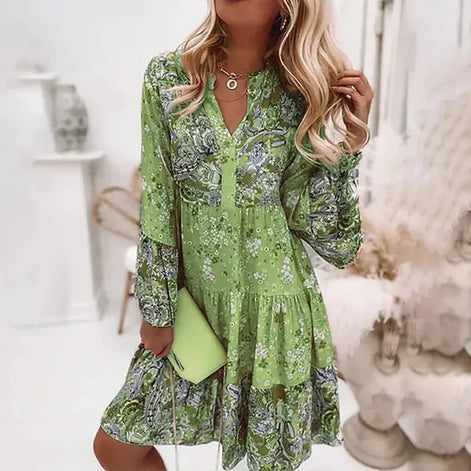Florique Langärmelige Damenkleid mit durchgehendem Blumenprint