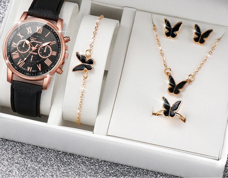Schmuckset mit analoger Quarzuhr und passendem Zubehör