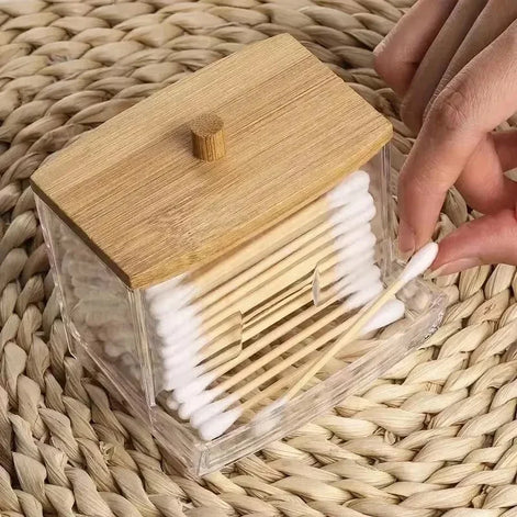 ClearNest Bamboo Box – Wattestäbchen-Aufbewahrungsbox transparent