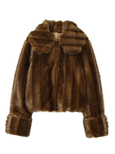 Kurze Damen Kunstfelljacke mit Reverskragen für Herbst und Winter – Norvella