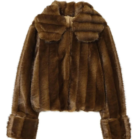 Kurze Damen Kunstfelljacke mit Reverskragen für Herbst und Winter – Norvella