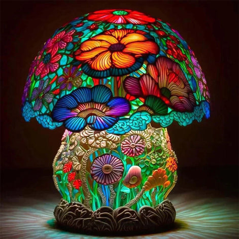 Tischlampe mit Glasmalerei-Schirm