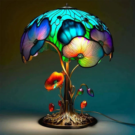 Tischlampe mit Glasmalerei-Schirm