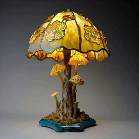 Tischlampe mit Glasmalerei-Schirm
