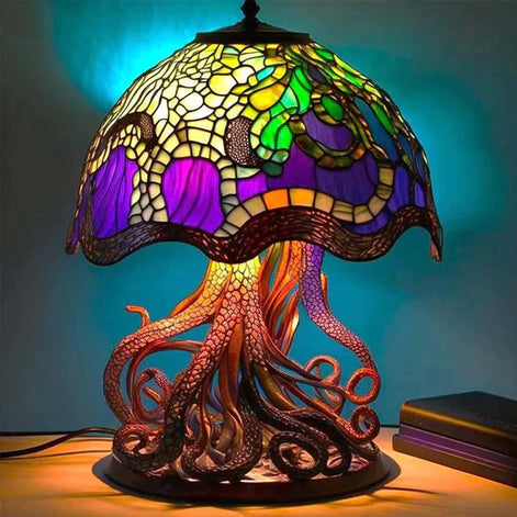 Tischlampe mit Glasmalerei-Schirm