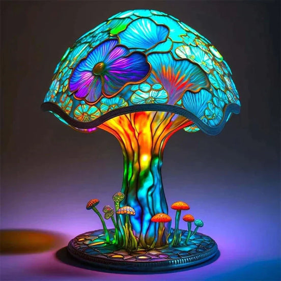 Tischlampe mit Glasmalerei-Schirm