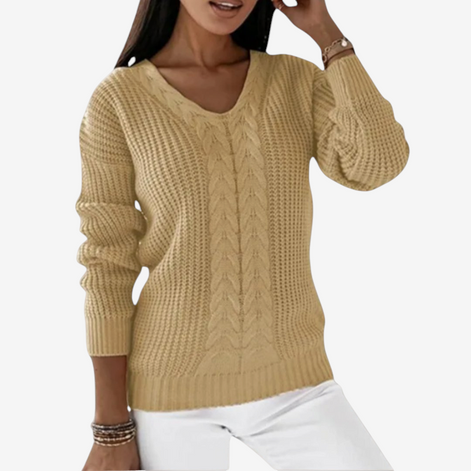Damen Strickpullover mit V-Ausschnitt und Zopfmuster – Veloriah