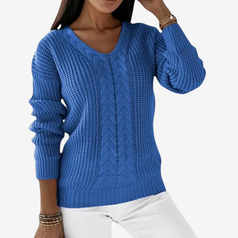 Damen Strickpullover mit V-Ausschnitt und Zopfmuster – Veloriah