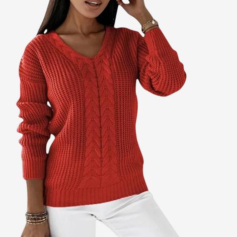 Damen Strickpullover mit V-Ausschnitt und Zopfmuster – Veloriah