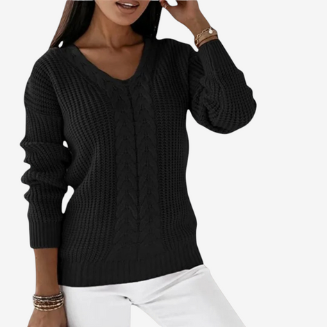 Damen Strickpullover mit V-Ausschnitt und Zopfmuster – Veloriah