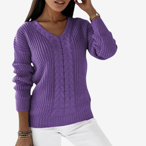 Damen Strickpullover mit V-Ausschnitt und Zopfmuster – Veloriah