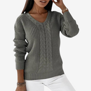 Damen Strickpullover mit V-Ausschnitt und Zopfmuster – Veloriah