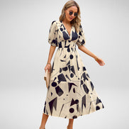 Velmira Kleid mit V-Ausschnitt und hoher Taille – Midikleid mit kurzen Ärmeln und Print