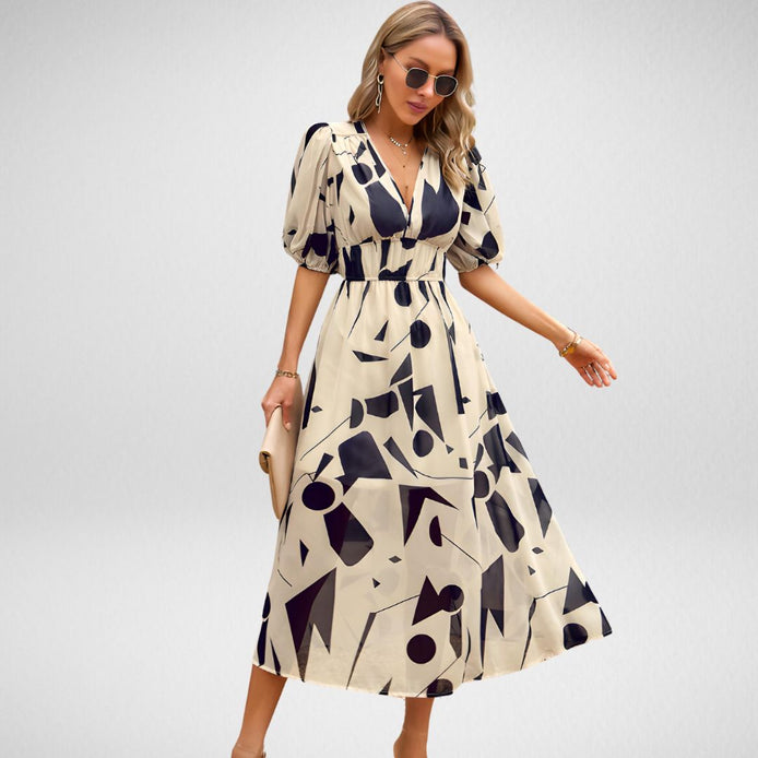 Velmira Kleid mit V-Ausschnitt und hoher Taille – Midikleid mit kurzen Ärmeln und Print