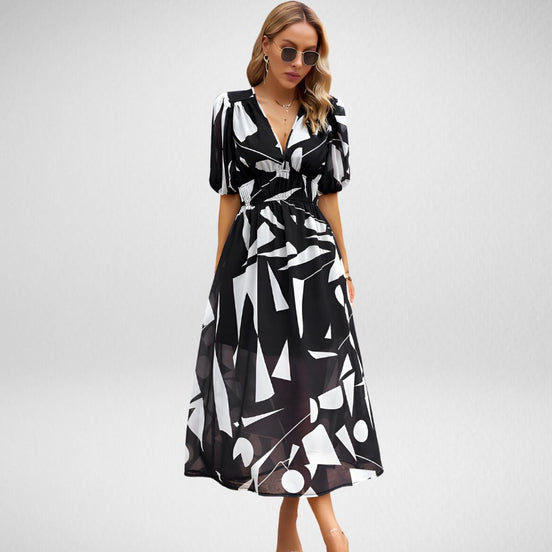 Velmira Kleid mit V-Ausschnitt und hoher Taille – Midikleid mit kurzen Ärmeln und Print