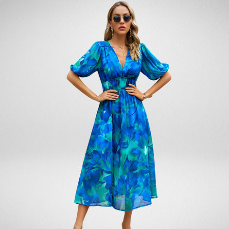 Velmira Kleid mit V-Ausschnitt und hoher Taille – Midikleid mit kurzen Ärmeln und Print