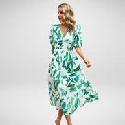 Velmira Kleid mit V-Ausschnitt und hoher Taille – Midikleid mit kurzen Ärmeln und Print