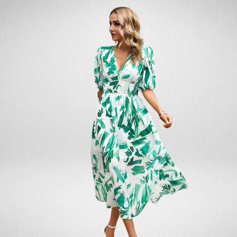 Velmira Kleid mit V-Ausschnitt und hoher Taille – Midikleid mit kurzen Ärmeln und Print