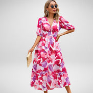 Velmira Kleid mit V-Ausschnitt und hoher Taille – Midikleid mit kurzen Ärmeln und Print