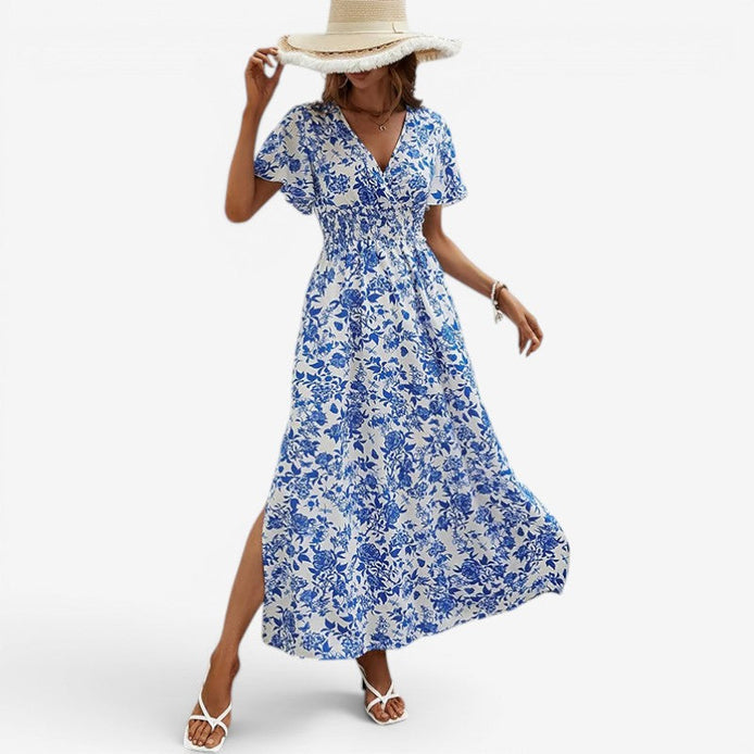 Velmoria Damen Maxikleid mit Print und V-Ausschnitt