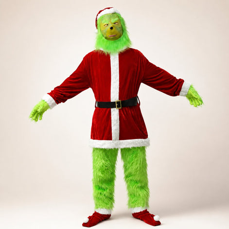 Weihnachtskostüm mit grüner Maske und rotem Oberteil – Festavello