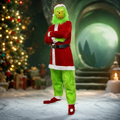 Weihnachtskostüm mit grüner Maske und rotem Oberteil – Festavello